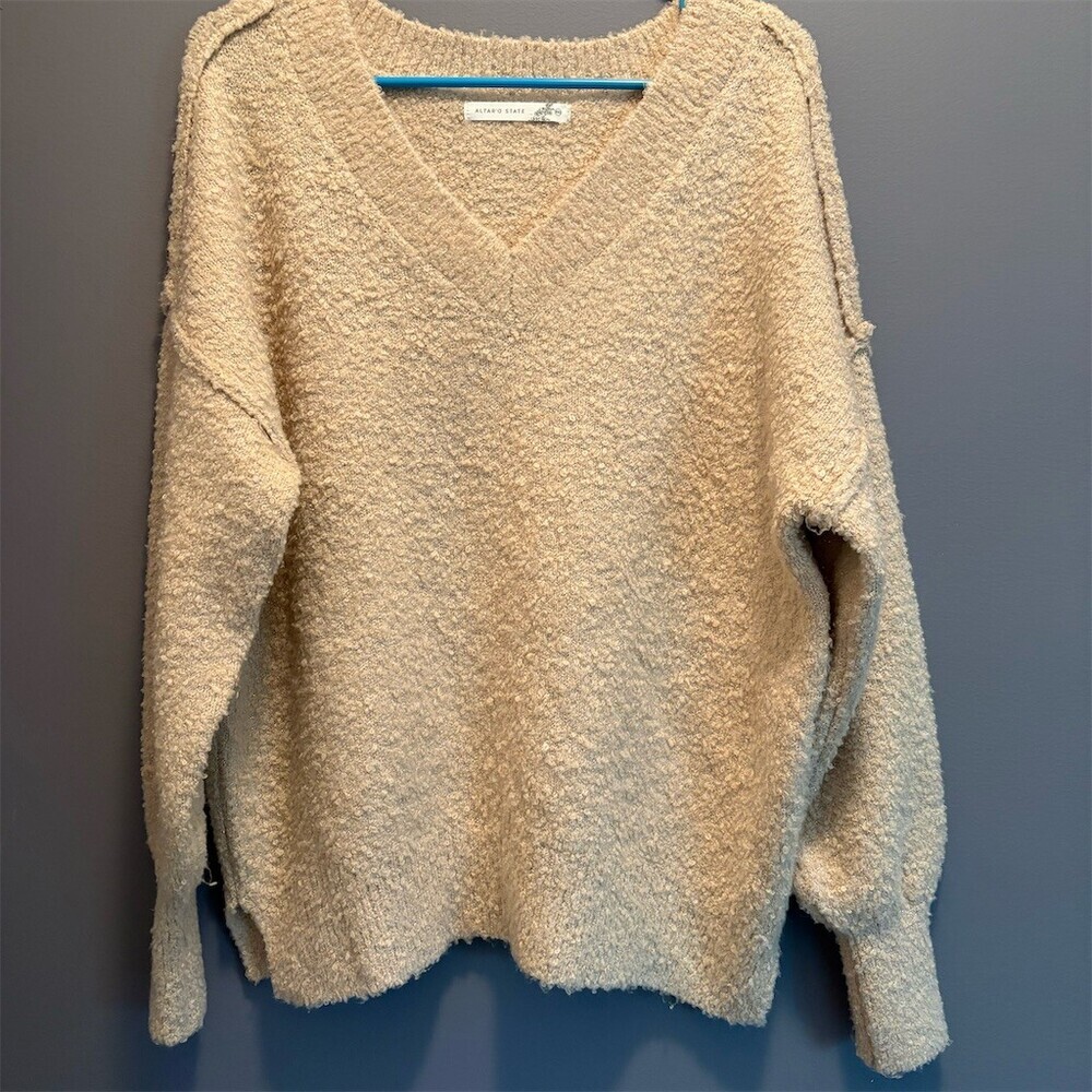 Altar’d State Sweater Womens 2XS Ivory Oversized Boucle V-Neck Gold Fleck
